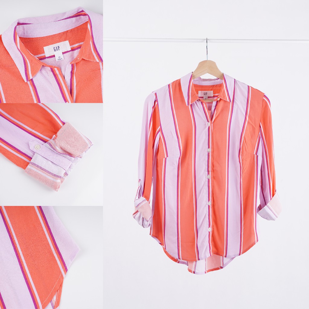 Kemeja Wanita - GAP Cotton Shirt Women Orange Stripe Pakaian Branded Original Asli Murah Meriah