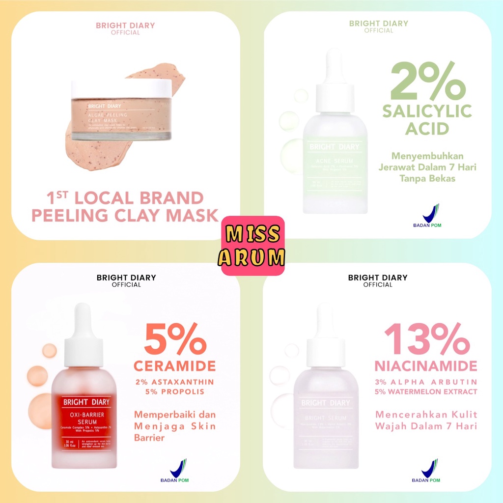 SEMUA PRODUK Bright Diary Serum (MOISTURE/ ANTI AGING/ GLASS SKIN/ ACNE SERUM / OXI BARRIER SERUM CE