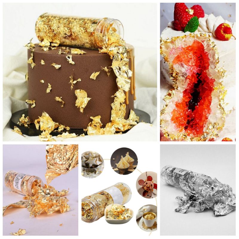 

Daun Foil Emas untuk Dekorasi kue 2gr / gold foil cake/ gold flakes / serpihan lembaran taburan daun emas dekorasi kue