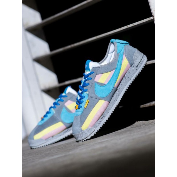 nike cortez x union grey yellow blue