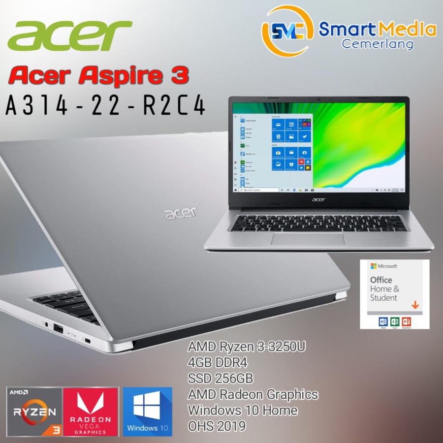 Laptop Acer Aspire 3 Slim A314-22-R2C4 Ryzen 3 3250 4GB 256ssd W10+OHS 14.0 SILVER