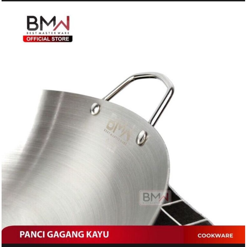 Wajan BMW Gagang Kayu Stainless Tahan Panas Panci Penggorengan Tebal Anti Lengket Kuali 34cm / wajan nasgor / wajan oseng oseng doubel tangkai