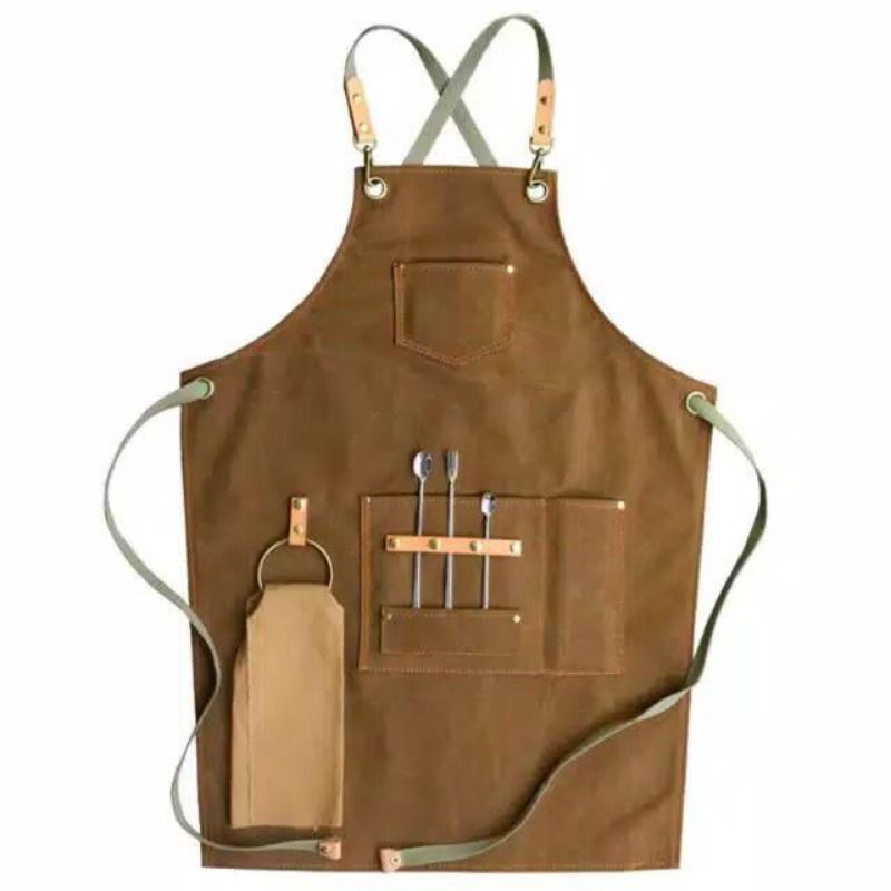 Apron Barbershop Canvas Leather Celemek Barista Waiter Pria wanita Unisex HandMade Original