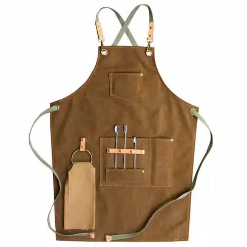 Apron Barbershop Canvas Leather Celemek Barista Waiter Pria wanita Unisex HandMade Original