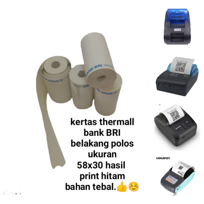 

Kertas thermal logo bank Bri belakang polos ukuran.57x30 untuk mesin print bluetooth