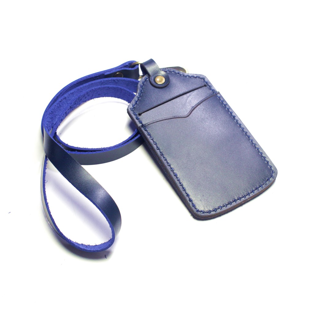 gantungan dompet ID card kulit biru - tali id card holder - PHID891