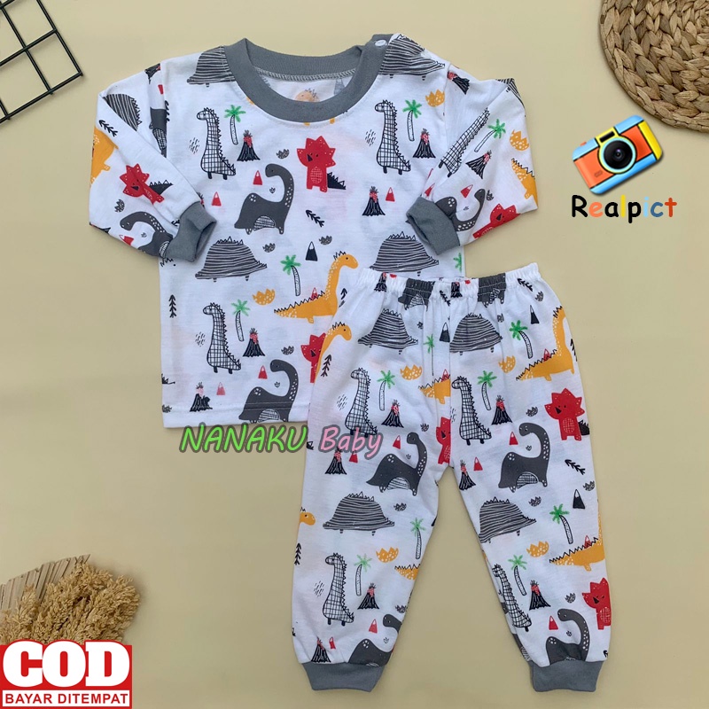 Ana Baby - Setelan Baju Bayi Kaos Oblong Piyama Bayi Lengan Panjang Kancing Bahu Motif Dino Anak usia 3-12 Bulan