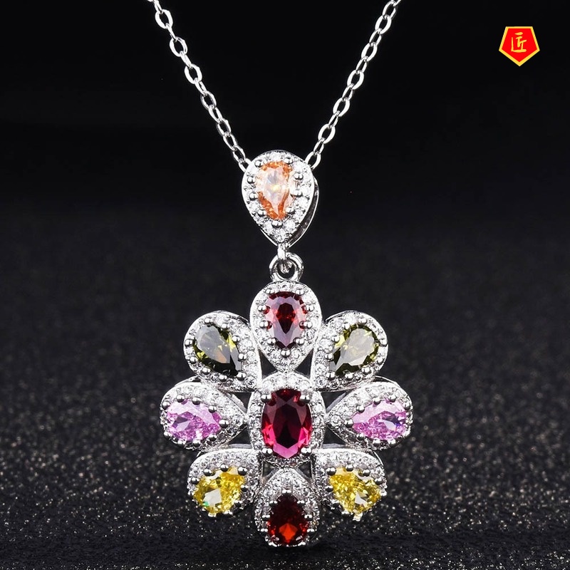 [Ready Stock]Luxury Colorful Tourmaline Pendant Micro-Inlaid Full Diamond Necklace Elegant