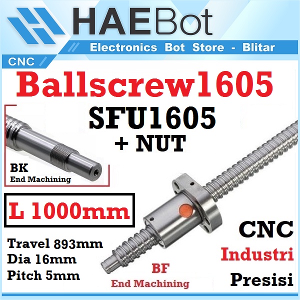 [HAEBOT] Ballscrew Ball screw SFU1605 SFU 1605 1000mm 100cm End Machined + Nut Router Milling CNC Mesin Presisi Z Axis Leadscrew 16mm Pitch 5mm Industri Otomasi