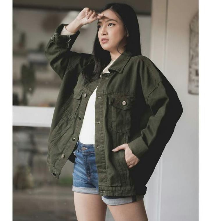 Jaket Jeans Boyfriend / Jaket Jeans Oversize Cewe - Jaket Jeans BIG SIZE Wanita - Hijau Army