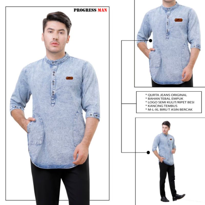 Baju Koko Kurta Jeans Pria/Kurta Pakistan Pria Dewasa Bahan Denim Size M,L,XL Original Progresman/Ke