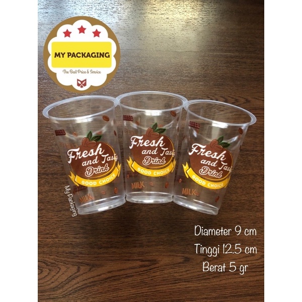 Gelas Cup Plastik 16oz PRINTING cetak FRESH AND TASTY - (isi 50pcs/pack) 16 oz TANPA TUTUP -- Cocok untuk Usaha Minuman Tea ThaiTea Juice Milk Choco Coffee kopi teh boba Pop ice jus es buah Bisa di press tanpa tutup