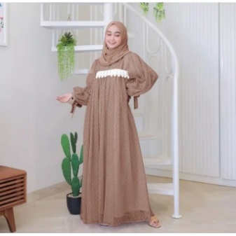 Gamis Nadheera Luxury Terbaru 2021 Pakaian Dress Wanita Muslim Bahan Moscrepe Kombinasi Tile Dot Baj