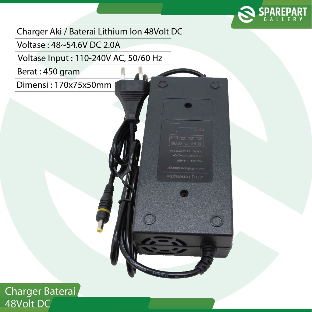 Charger Aki/Baterai Lithium ion 48V DC ujung colokan 1pin bulat