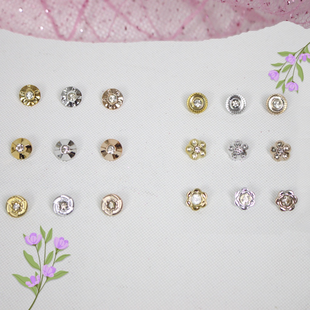 Kancing Akrilik Chrome Motif Permata Gold Silver 13mm