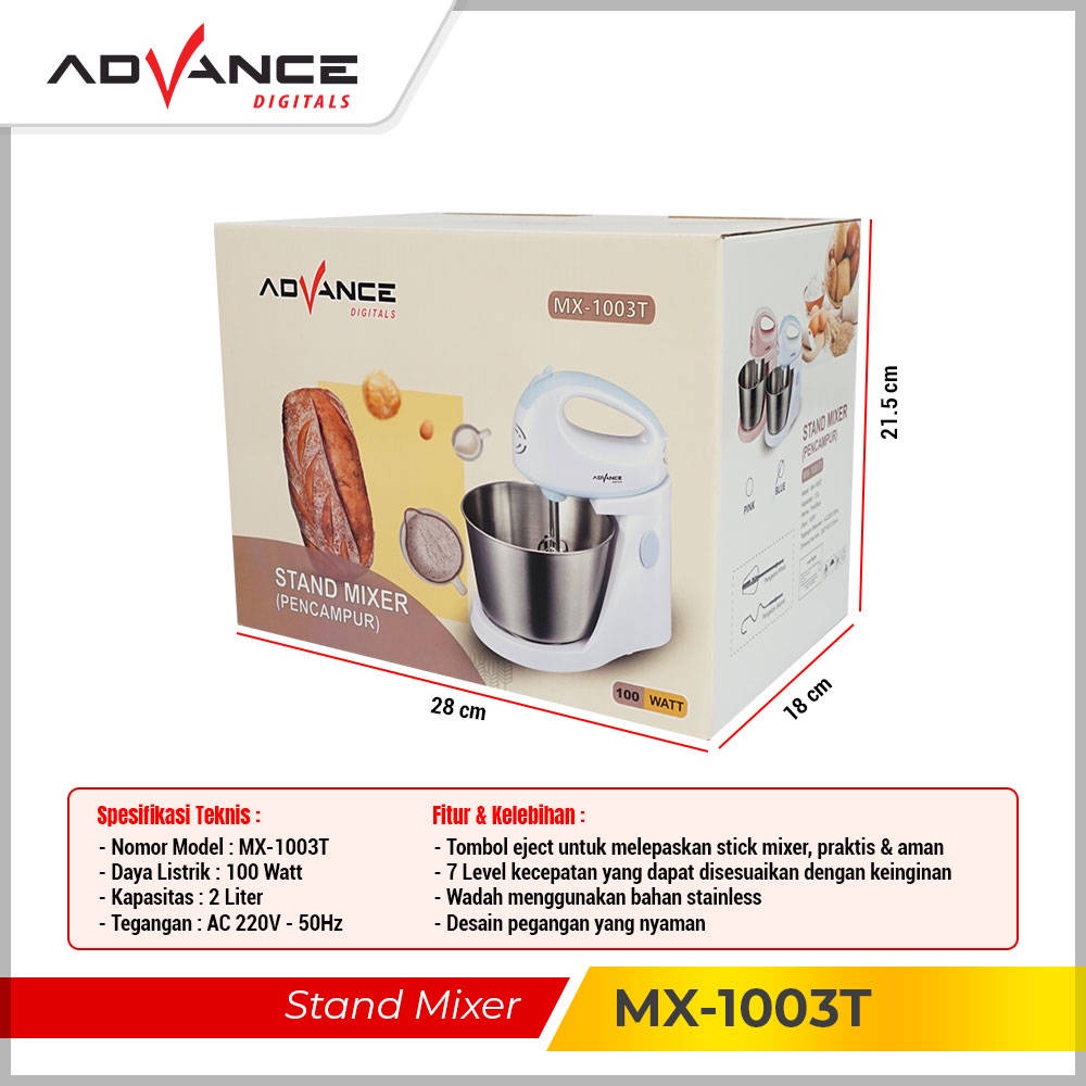 【Garansi 1 Tahun】Advance Stand Mixer 2L Pengocok Telur Mesin Roti 7 Kecepatan Pengaduk MX-1003T Dapat Dilepas