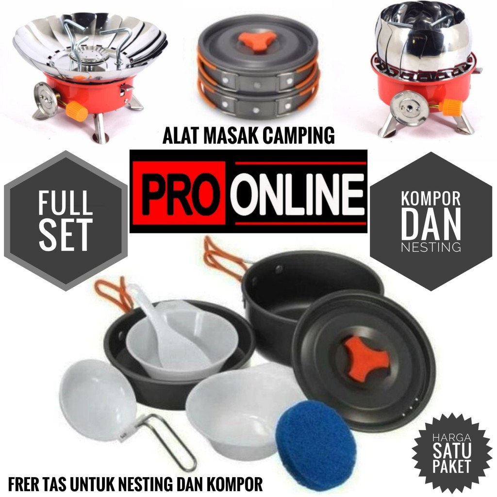 Paket Cooking set 2-3 Orang + Kompor Portable Dan Windproof - Mawar Atau Kotak - Alat Masak 2 Susun