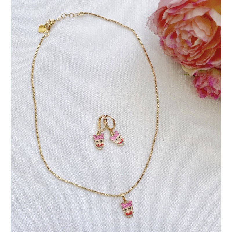 Set Perhiasan Anak Pink Bubble LOL (Kalung + Sepasang Anting)