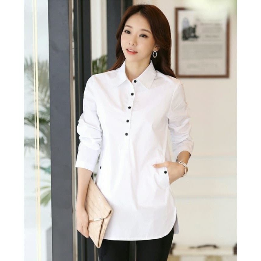 Ready Semua Warna Hem Moussy Kemeja Cewek Baju Kemeja Atasan  LR737 Kemeja Yuzi Putih Cam Katun Ray