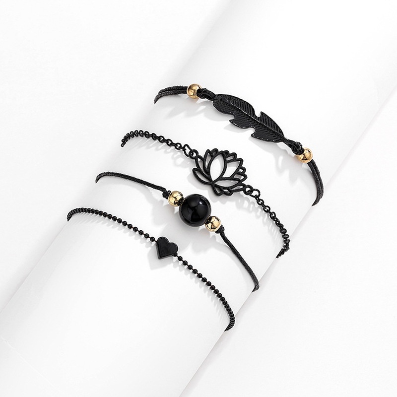 4pcs / Set Gelang Rantai Manik-Manik Bentuk Daun Teratai Hati Warna Hitam Bahan Alloy Dapat Disesuaikan Untuk Wanita