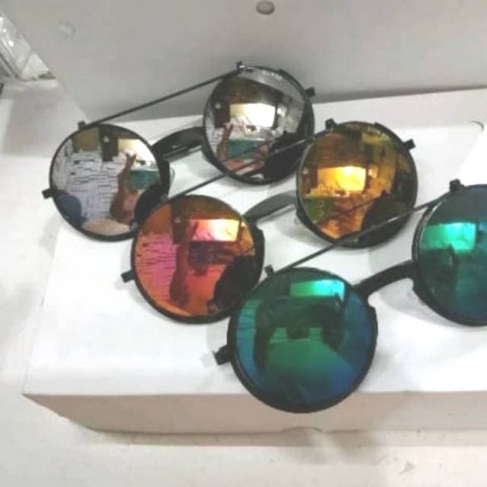 Kacamata boboho clip on kacamata bulat fashion frame bundar miror lens - Hitam Limited