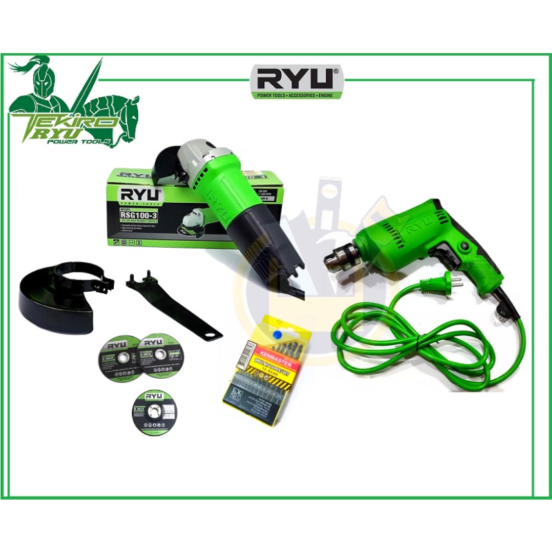 PAKET Mesin Bor Tangan 10 mm 10mm RDR 10-3 RYU + Mesin Gerinda Tangan 4 Inch RSG 100-3 + Mata Bor Besi 13 Pcs Kenmaster