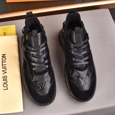 sepatu lv sneaker pria kualitas mirror shoes men lou is vuitton hitam kulit