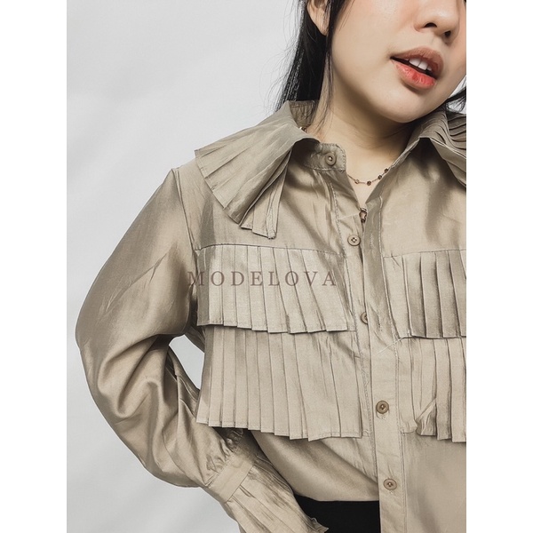 MDLV ~ 2080# marverica pleated shirt Blouse Korea Blouse Premium Blouse Import Atasan Lengan Panjang Kemeja Korean style Fashion import