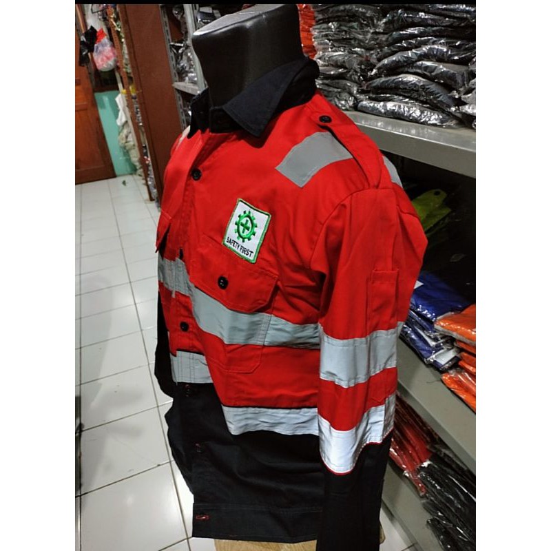 RESLETING DAN KANCING SERAGAM SAFETY MERAH DONGKER DOBLE SCOTLIGT