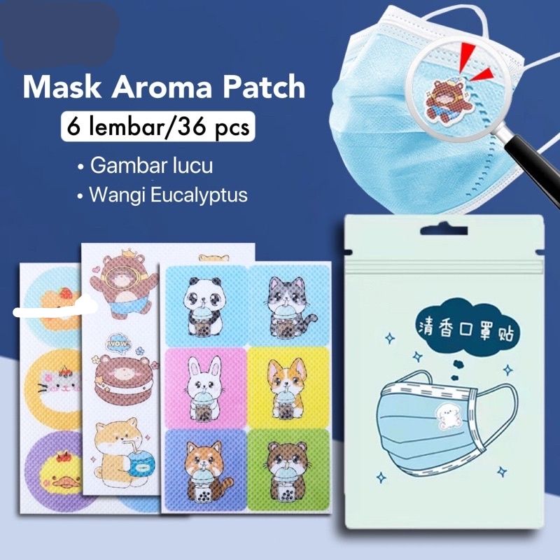 36PCS STIKER TEMPELAN ACC MASKER AROMATHERAPY MOTIF LUCU KARAKTER KARTUN AROMA EUCALYPTUS