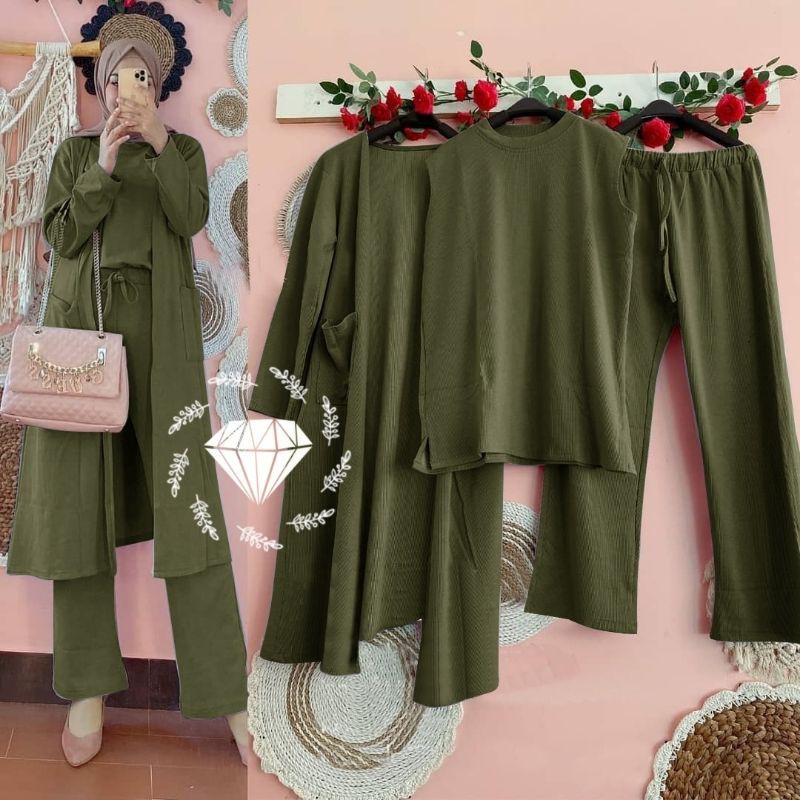 SET CELANA PRITA 3IN1, MOSCREPE, GAMIS HIJAB MUSLIM, SETELAN