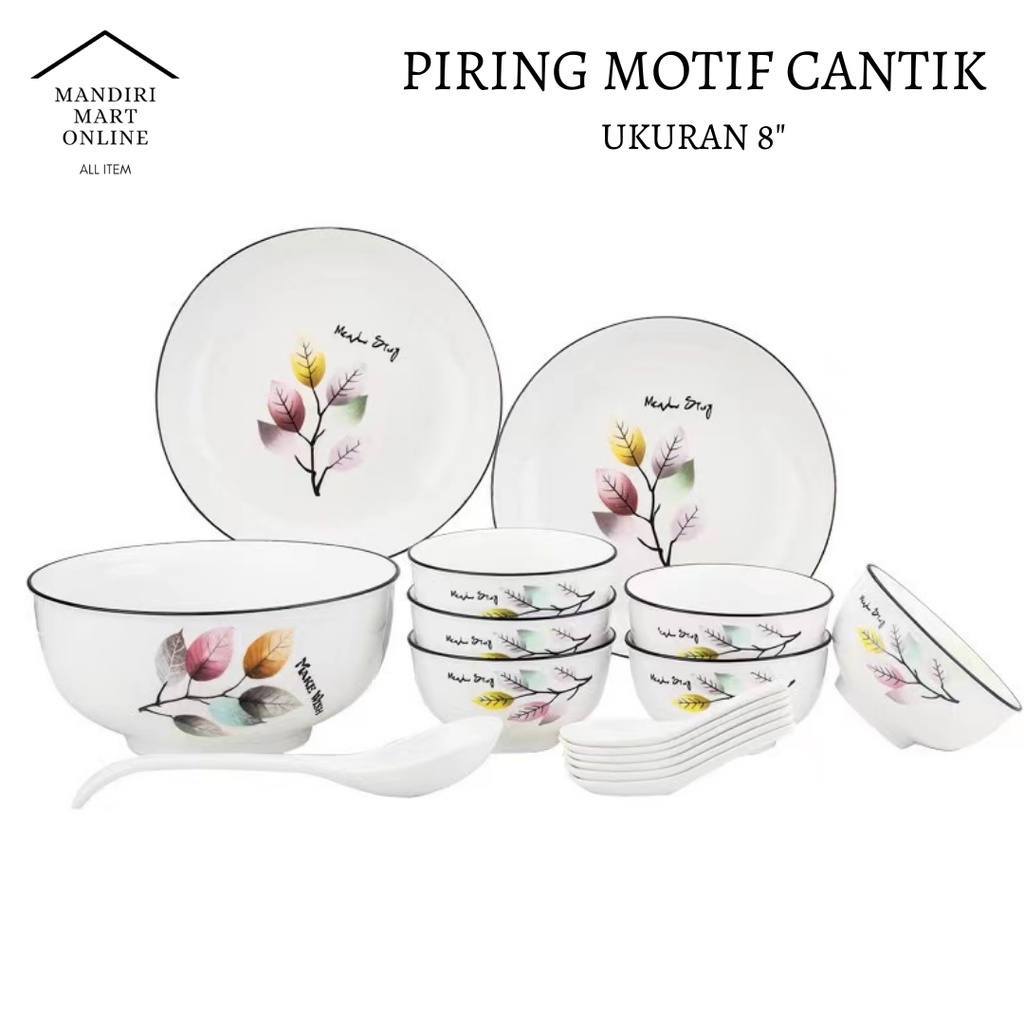 Piring Keramik Ukuran 8 Inci Tebal Motif Daun Dinner Plate Keramik Cantik Tahan Panas