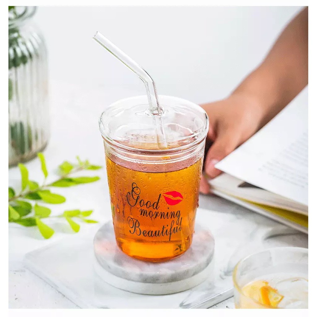Korea Mug Gelas Tumbler Set with Straw | Gelas Kaca Minum Tumbler Set Dengan Sedotan Design Lucu Den