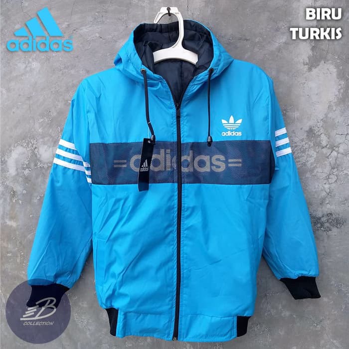 Jaket Adidas Anak Parasut Tebal Hoodie Ukuran Tanggung Biru Turkis e disigrosir
