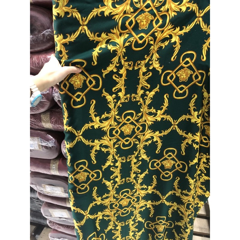 kain meteran saten satin maxmara motif printing brand versace hijau emerald putih lebar 1,5 meter