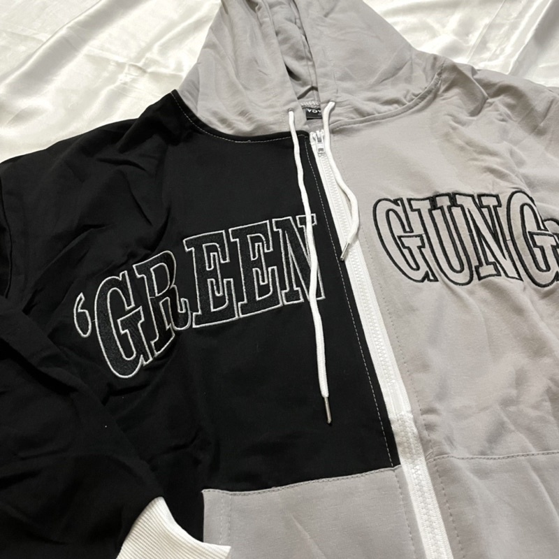 [ready stock] green grunc jacket | atasan jaket outer motif tulisan warna ungu hitam model hoodie penutup kepala gaya korea import