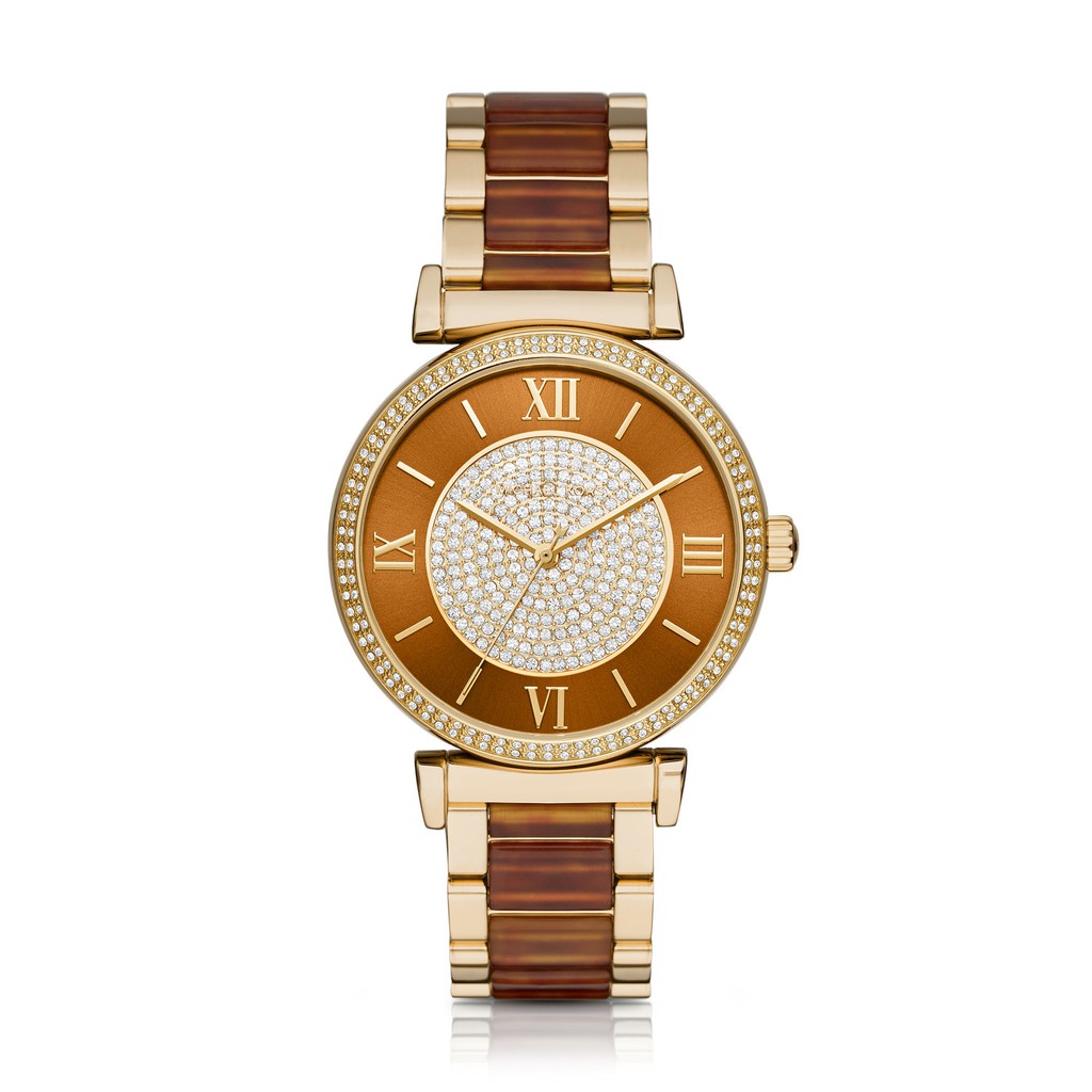 Michael Kors Catlin - Whiskey & Gold Pave Round Dial 38mm - Gold & Amber Torotise -Jam Tangan Wanita