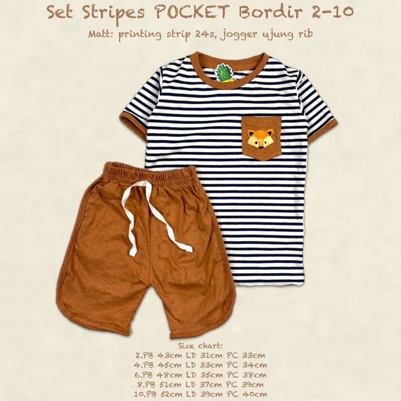 Setelan Anak Stripes Pocket Bordir Unisex 2-10 Tahun Original Kaos Super Premium Pakaian Anak Terlaris Termurah Best Seller