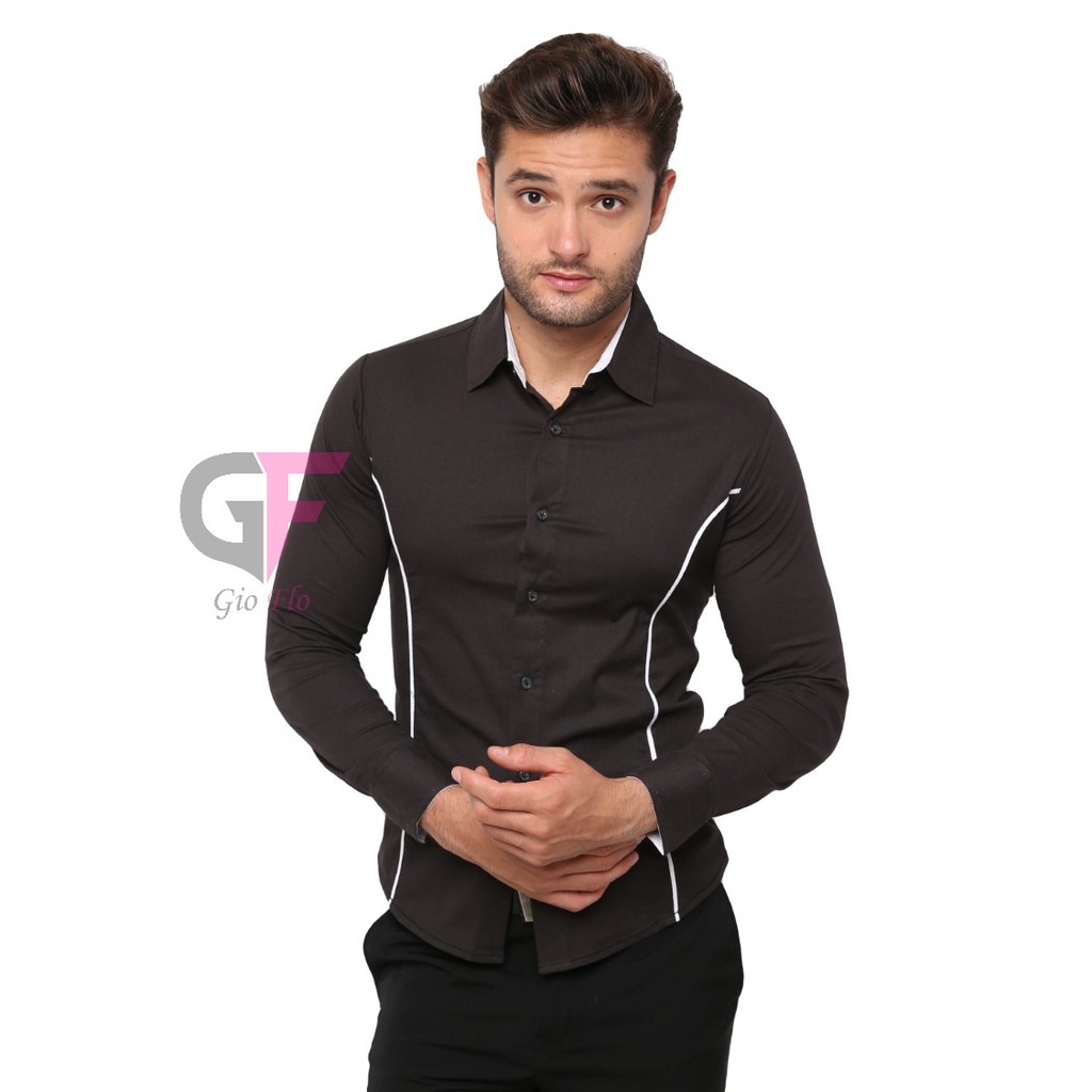 GIOFLO Baju Korea Pria Kemeja Pria Lengan Panjang Slim Hitam / LNG 1058