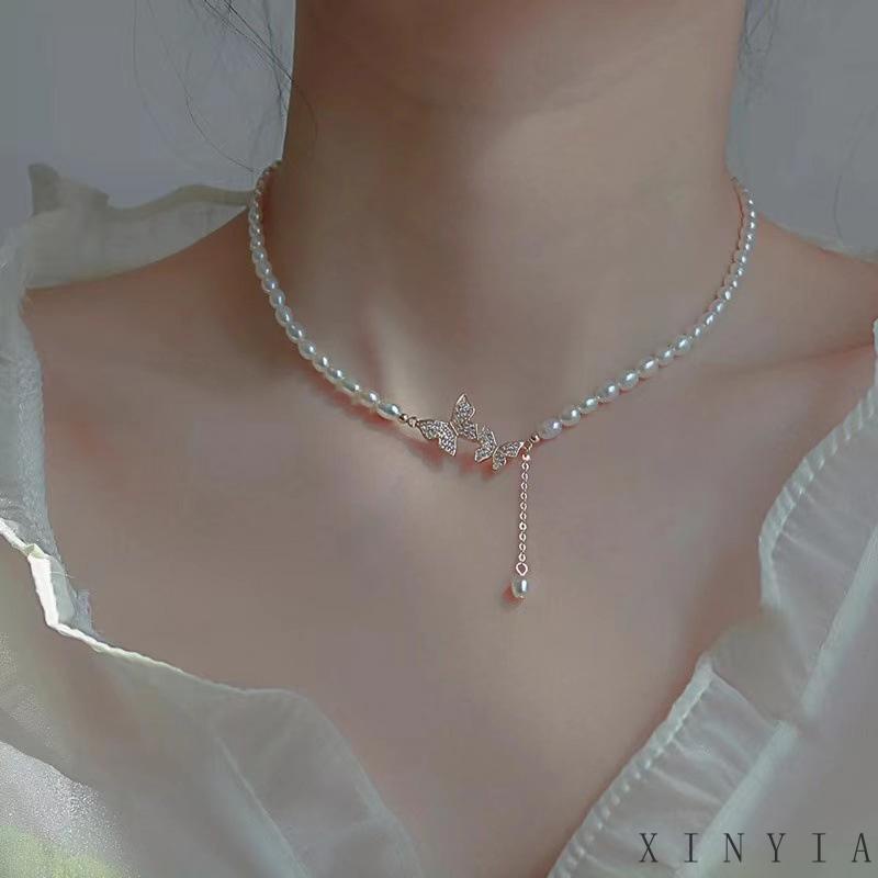 【Bayar di tempat】Kalung Choker Rantai Klavikula Hias Manik-Manik Kupu-Kupu Kristal Mutiara Untuk Wanita