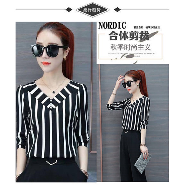 NEW Blus Wanita Fashion Lengan Pendek Slim Fit Bergaris V-Neck Sifon Pakaian Atasan S-3XL