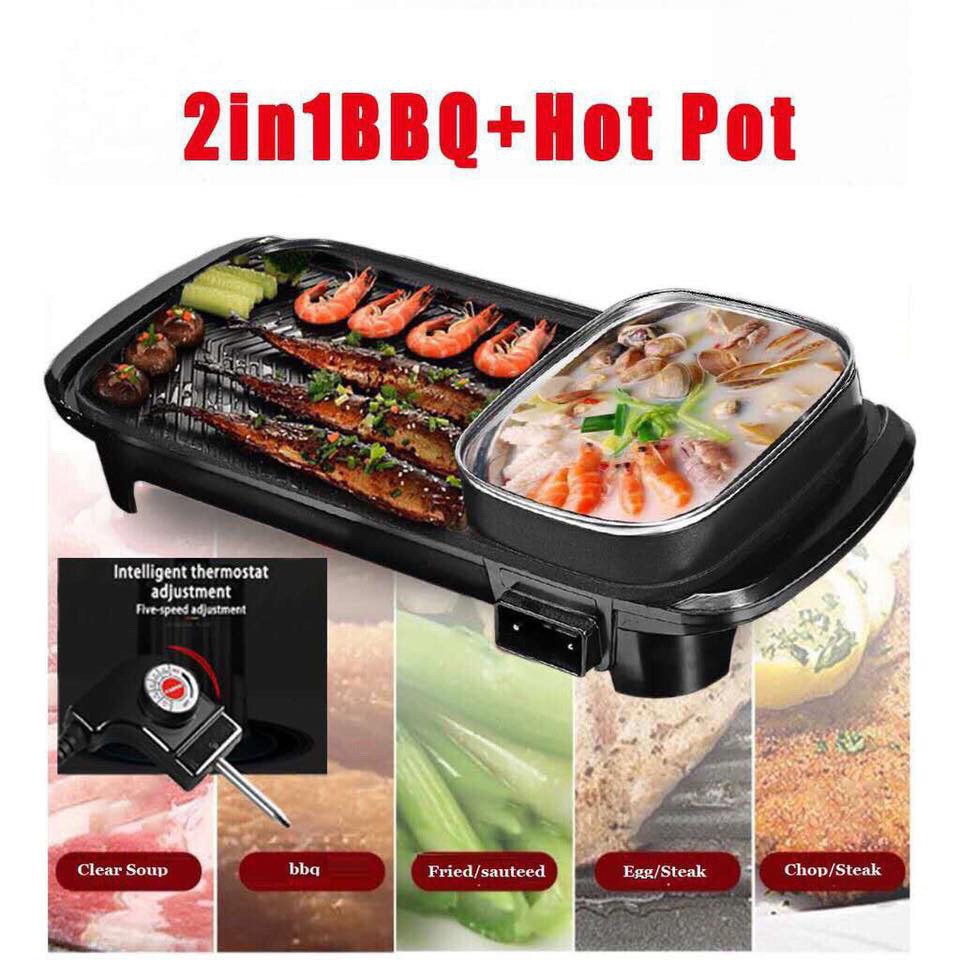 Kompor Panggangan Bbq Dan Hotpot Elektrik 2 In 1 Grill Bbq Hotpot Elektrik Anti lengket Panggangan listrik serbaguna-DR88