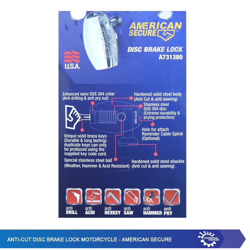 Anti-Cut Disc Lock Motorcycle - American Secure - Gembok Rem Cakram