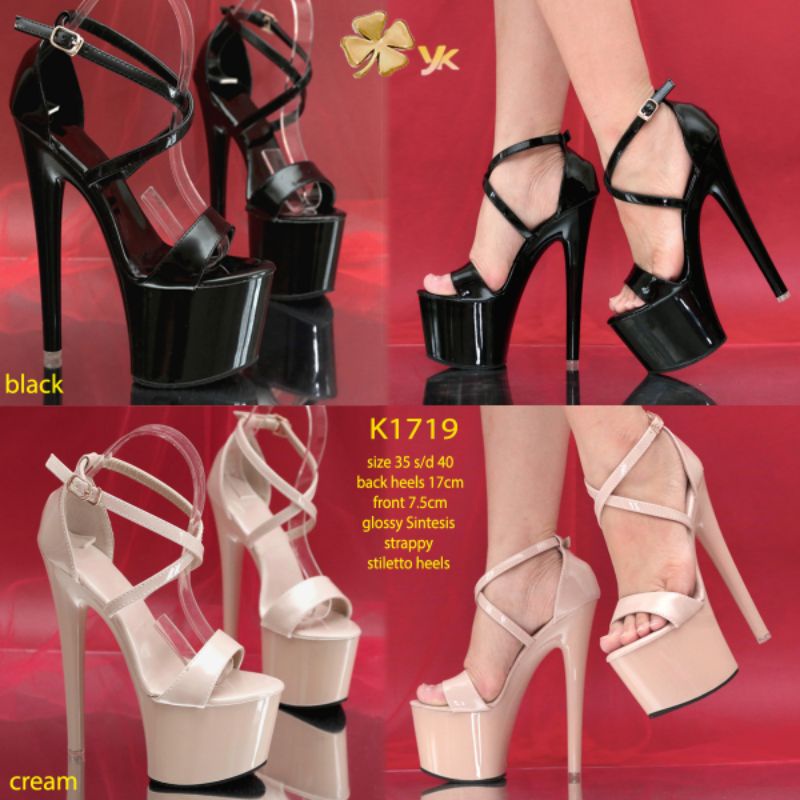 YKshoes 1719 heels 17cm strappy stiletto heels black cream hak tali heels strappy heels glossy sepat