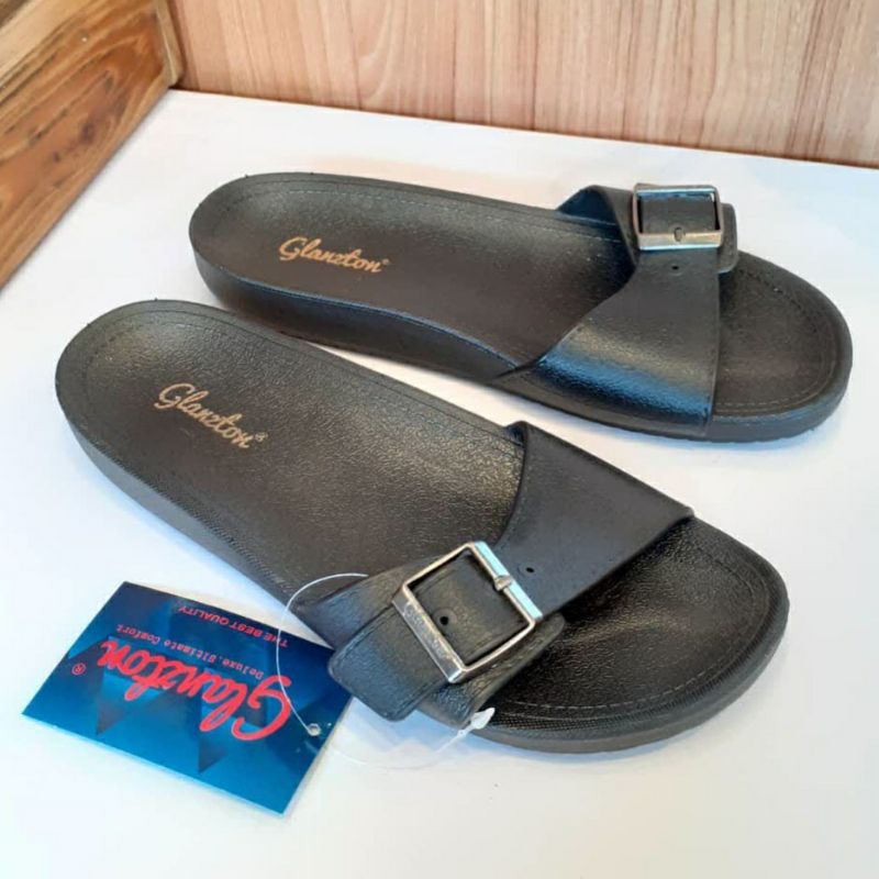 Sandal Wanita Glanzton F2153 Sendal Gesper Slop Selop Karet Jelly Glanston Glaston Import Impor Slip On Birken Perempuan Lentur Elastis Empuk Cewek Murah-GLZ Hitam