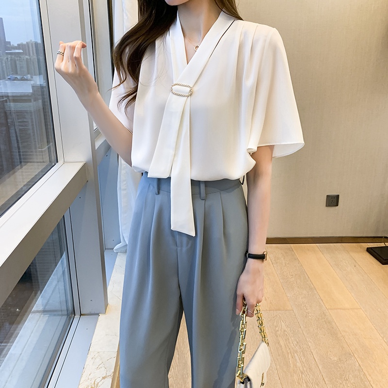 COD New 2022 Fashion Korean Summer Solid Pink Blue Green White Casual Work Short Sleeve Shirts Women Blouse Tops Blus Wanita Lengan Pendek