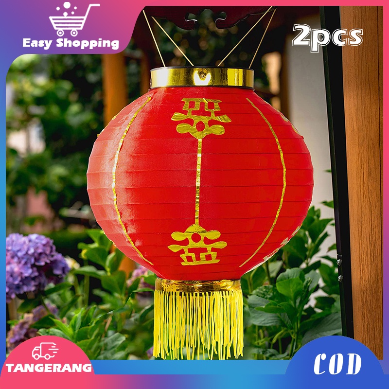 2pcs Lampu Lampion Imlek 10inch 25cm Lampion Polos Kain Sutra Lampion Bulat Merah Dekorasi Imlek Lampu Lampion