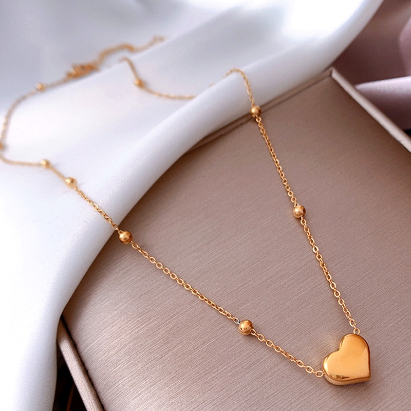 Kalung Titanium Wanita Anti Karat Cinta Hati Liontin 18k Emas Fashion Perhiasan Korea