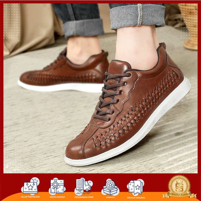 BONUS KAOS KAKI - Sepatu Kasual Sneakers Pria Import Kulit Paulmay Warna Coklat Ukuran 38 - 44 Dewas