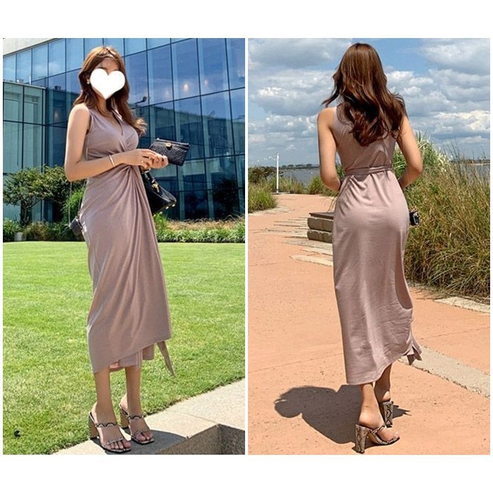[baju wanita korea]  Long Dress Maxi Gaun Pesta Wanita Korea Import Pink